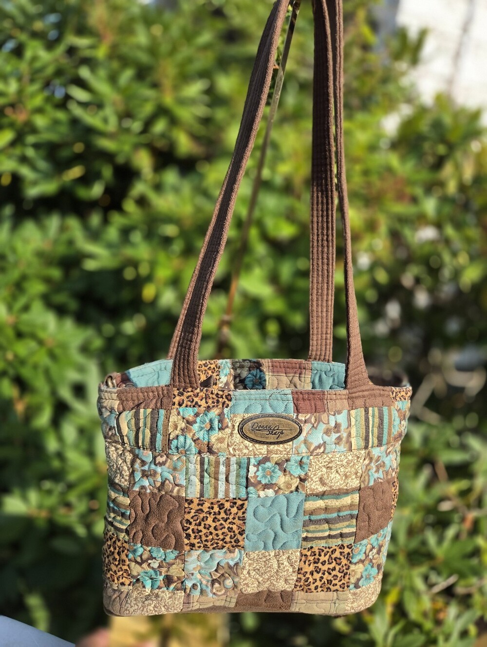 Donna Sharp GUC Quilted Patchwork Tote Bag in Brown and Teal - Vintage Style
